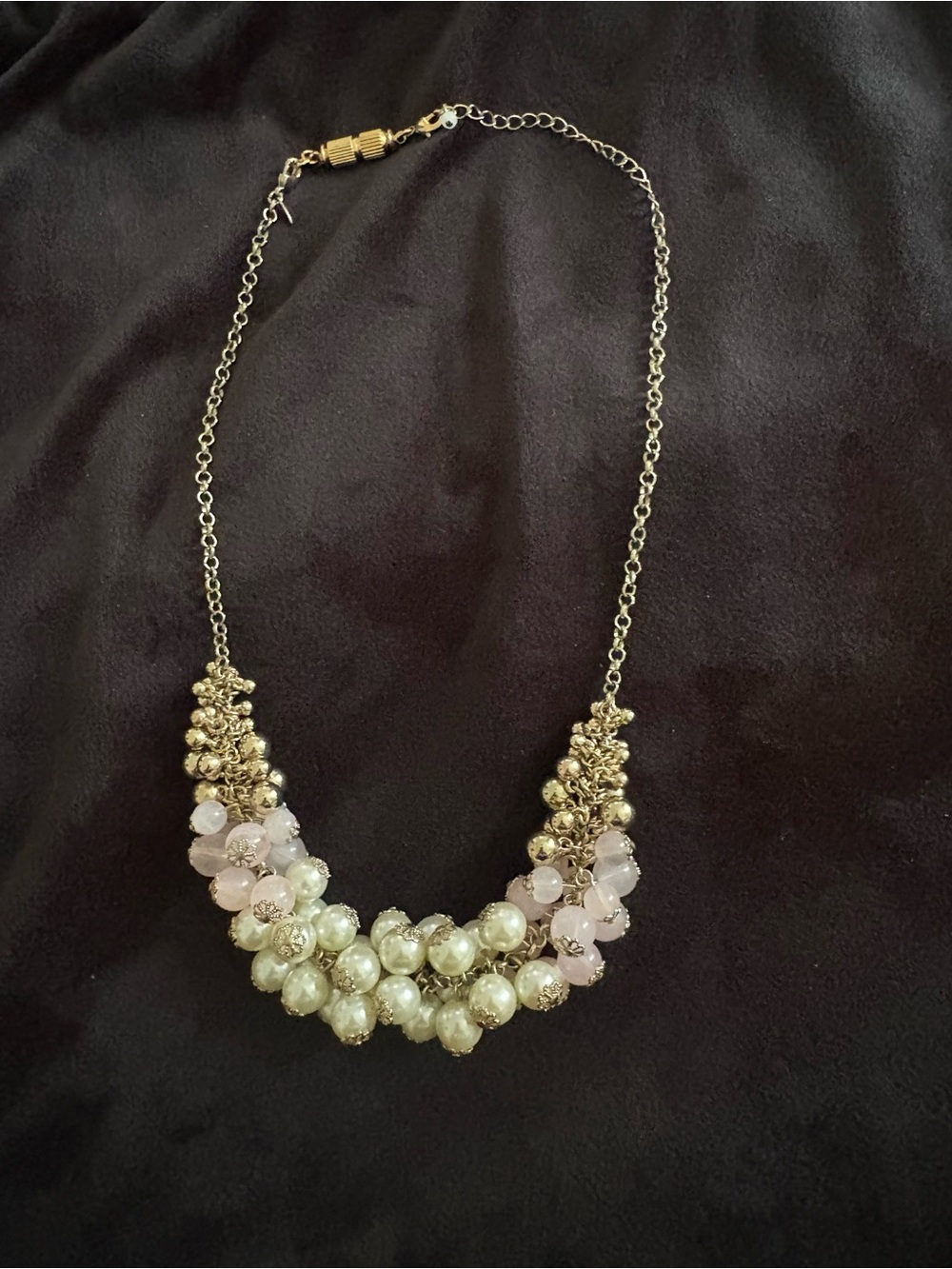 Gold-Tone Pearl & Pink Bead Cluster Necklace